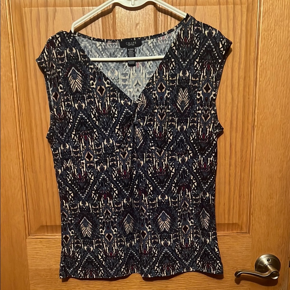 Chaps Blue and Tan Sleeveless Wrap Blouse